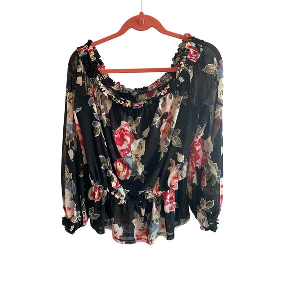 WHBM Off-the-Shoulder Mesh Top L black and red floral - Picture 4 of 7